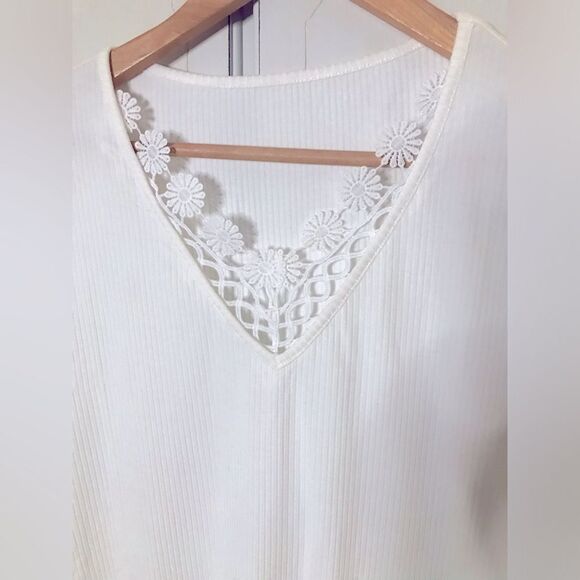 Boho White Lace Crochet Ribbed V Neck Cap Sleeve Fitted Boutique Top Size XL - Picture 4 of 6